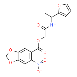 ChemSpider 2D Image | 2-{[1-(2-Furyl)ethyl]amino}-2-oxoethyl 6-nitro-1,3-benzodioxole-5-carboxylate | C16H14N2O8