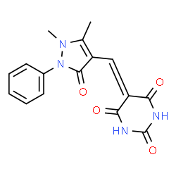 ChemSpider 2D Image | 5-[(1,5-Dimethyl-3-oxo-2-phenyl-2,3-dihydro-1H-pyrazol-4-yl)methylene]-2,4,6(1H,3H,5H)-pyrimidinetrione | C16H14N4O4