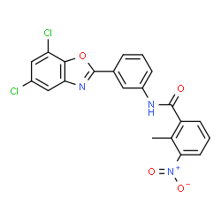 ChemSpider 2D Image | N-[3-(5,7-Dichloro-1,3-benzoxazol-2-yl)phenyl]-2-methyl-3-nitrobenzamide | C21H13Cl2N3O4