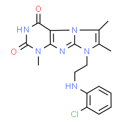 ChemSpider 2D Image | 8-{2-[(2-Chlorophenyl)amino]ethyl}-1,6,7-trimethyl-1H-imidazo[2,1-f]purine-2,4(3H,8H)-dione | C18H19ClN6O2