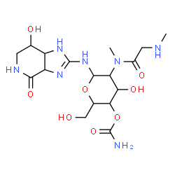 ChemSpider 2D Image | 4-O-Carbamoyl-2-deoxy-N-(7-hydroxy-4-oxo-3a,4,5,6,7,7a-hexahydro-1H-imidazo[4,5-c]pyridin-2-yl)-2-[methyl(N-methylglycyl)amino]hexopyranosylamine | C17H29N7O8