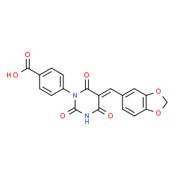 ChemSpider 2D Image | 4-[(5E)-5-(1,3-Benzodioxol-5-ylmethylene)-2,4,6-trioxotetrahydro-1(2H)-pyrimidinyl]benzoic acid | C19H12N2O7
