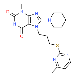 ChemSpider 2D Image | 3-Methyl-7-{3-[(4-methyl-2-pyrimidinyl)sulfanyl]propyl}-8-(1-piperidinyl)-3,7-dihydro-1H-purine-2,6-dione | C19H25N7O2S