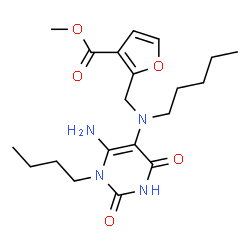ChemSpider 2D Image | Methyl 2-{[(6-amino-1-butyl-2,4-dioxo-1,2,3,4-tetrahydro-5-pyrimidinyl)(pentyl)amino]methyl}-3-furoate | C20H30N4O5
