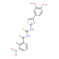 ChemSpider 2D Image | N-{[4-(3,4-Dimethoxyphenyl)-1,3-thiazol-2-yl]carbamothioyl}-2-methyl-3-nitrobenzamide | C20H18N4O5S2