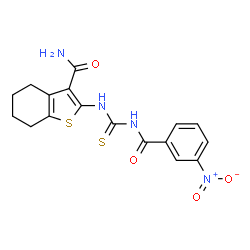 ChemSpider 2D Image | 2-{[(3-Nitrobenzoyl)carbamothioyl]amino}-4,5,6,7-tetrahydro-1-benzothiophene-3-carboxamide | C17H16N4O4S2