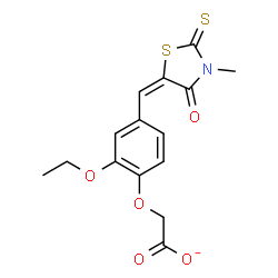 ChemSpider 2D Image | {2-Ethoxy-4-[(E)-(3-methyl-4-oxo-2-thioxo-1,3-thiazolidin-5-ylidene)methyl]phenoxy}acetate | C15H14NO5S2