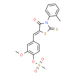 ChemSpider 2D Image | 2-Methoxy-4-{(Z)-[3-(2-methylphenyl)-4-oxo-2-thioxo-1,3-thiazolidin-5-ylidene]methyl}phenyl methanesulfonate | C19H17NO5S3