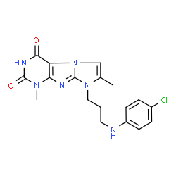 ChemSpider 2D Image | 8-{3-[(4-Chlorophenyl)amino]propyl}-1,7-dimethyl-1H-imidazo[2,1-f]purine-2,4(3H,8H)-dione | C18H19ClN6O2