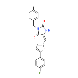 ChemSpider 2D Image | (5E)-3-(4-Fluorobenzyl)-5-{[5-(4-fluorophenyl)-2-furyl]methylene}-2,4-imidazolidinedione | C21H14F2N2O3