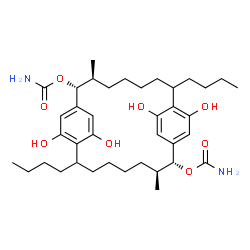 ChemSpider 2D Image | (2R,3S,13R,14S)-8,19-Dibutyl-10,21,24,26-tetrahydroxy-3,14-dimethyltricyclo[18.2.2.2~9,12~]hexacosa-1(22),9,11,20,23,25-hexaene-2,13-diyl dicarbamate | C38H58N2O8