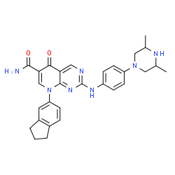 ChemSpider 2D Image | 8-(2,3-Dihydro-1H-inden-5-yl)-2-{[4-(3,5-dimethyl-1-piperazinyl)phenyl]amino}-5-oxo-5,8-dihydropyrido[2,3-d]pyrimidine-6-carboxamide | C29H31N7O2