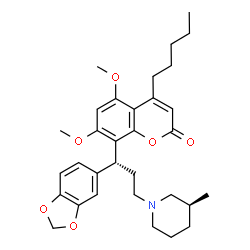 ChemSpider 2D Image | 8-{(1R)-1-(1,3-Benzodioxol-5-yl)-3-[(3S)-3-methyl-1-piperidinyl]propyl}-5,7-dimethoxy-4-pentyl-2H-chromen-2-one | C32H41NO6
