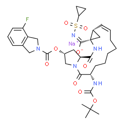 ChemSpider 2D Image | Sodium (2R,6S,12Z,13aS,14aR,16aS)-N-(cyclopropylsulfonyl)-2-{[(4-fluoro-1,3-dihydro-2H-isoindol-2-yl)carbonyl]oxy}-6-({[(2-methyl-2-propanyl)oxy]carbonyl}amino)-5,16-dioxo-1,2,3,6,7,8,9,10,11,13a,14,1
5,16,16a-tetradecahydrocyclopropa[e]pyrrolo[1,2-a][1,4]diazacyclopentadecine-14a(5H)-carboximidate | C35H45FN5NaO9S