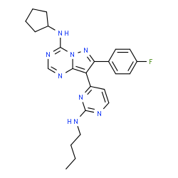 ChemSpider 2D Image | 8-[2-(Butylamino)-4-pyrimidinyl]-N-cyclopentyl-7-(4-fluorophenyl)pyrazolo[1,5-a][1,3,5]triazin-4-amine | C24H27FN8