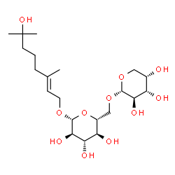 ChemSpider 2D Image | (2E)-7-Hydroxy-3,7-dimethyl-2-octen-1-yl 6-O-alpha-L-arabinopyranosyl-beta-D-glucopyranoside | C21H38O11