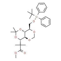 ChemSpider 2D Image | Methyl 2-[(4S,4aS,8R,8aR)-2,2-dimethyl-8-({[(2-methyl-2-propanyl)(diphenyl)silyl]oxy}methyl)tetrahydro[1,3]dioxino[5,4-d][1,3]dioxin-4-yl]-2-methylpropanoate | C30H42O7Si