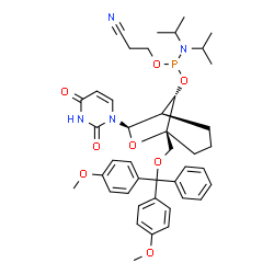 ChemSpider 2D Image | (1R,5R,7R,8S)-5-{[Bis(4-methoxyphenyl)(phenyl)methoxy]methyl}-7-(2,4-dioxo-3,4-dihydro-1(2H)-pyrimidinyl)-6-oxabicyclo[3.2.1]oct-8-yl 2-cyanoethyl diisopropylphosphoramidoite | C42H51N4O8P