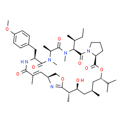 ChemSpider 2D Image | (2S,3S,5S,7S,10S,16S,19S,22S,25E,27S)-16-[(2S)-2-Butanyl]-3-hydroxy-7-isopropyl-22-(4-methoxybenzyl)-2,5,17,19,20,25-hexamethyl-8,29-dioxa-14,17,20,23,30-pentaazatricyclo[25.2.1.0~10,14~]triaconta-1(3
0),25-diene-9,15,18,21,24-pentone | C44H67N5O9