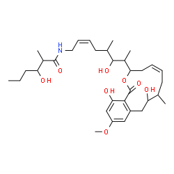 ChemSpider 2D Image | N-{(2Z)-7-[(5Z)-9,14-Dihydroxy-12-methoxy-8-methyl-1-oxo-3,4,7,8,9,10-hexahydro-1H-2-benzoxacyclododecin-3-yl]-6-hydroxy-5-methyl-2-octen-1-yl}-3-hydroxy-2-methylhexanamide | C33H51NO8