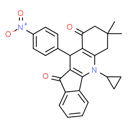 ChemSpider 2D Image | 5-Cyclopropyl-7,7-dimethyl-10-(4-nitrophenyl)-6,7,8,10-tetrahydro-5H-indeno[1,2-b]quinoline-9,11-dione | C27H24N2O4