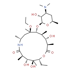 ChemSpider 2D Image | (2R,3S,4R,5R,8R,10R,11R,12S,13S,14R)-10-Ethoxy-2-ethyl-3,4,13-trihydroxy-3,5,8,10,12,14-hexamethyl-6,15-dioxo-1-oxa-7-azacyclopentadecan-11-yl 3,4,6-trideoxy-3-(dimethylamino)-beta-D-xylo-hexopyranosi
de | C31H58N2O10