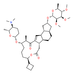 ChemSpider 2D Image | (2R,3aR,5aR,5bS,9R,13S,14R,16aS,16bR)-9-Cyclobutyl-13-{[(2R,5S,6R)-5-(dimethylamino)-6-methyltetrahydro-2H-pyran-2-yl]oxy}-14-methyl-7,15-dioxo-2,3,3a,4,5,5a,5b,6,7,9,10,11,12,13,14,15,16a,16b-octadec
ahydro-1H-as-indaceno[3,2-d]oxacyclododecin-2-yl 6-deoxy-2,3,4-tri-O-methyl-alpha-L-mannopyranoside | C43H69NO10