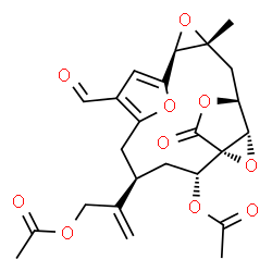 ChemSpider 2D Image | 2-[(1S,2R,4R,10S,12R,14S,15S)-2-Acetoxy-7-formyl-12-methyl-17-oxo-11,16,18,19-tetraoxapentacyclo[12.2.2.1~6,9~.0~1,15~.0~10,12~]nonadeca-6,8-dien-4-yl]-2-propen-1-yl acetate | C24H26O10