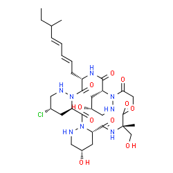 ChemSpider 2D Image | (3S,4aR,9S,10aS,13S,21R,22aR,25S)-3-Chloro-9,21-dihydroxy-13-(hydroxymethyl)-13-methyl-25-[(2E,4E)-6-methyl-2,4-octadien-1-yl]hexadecahydro-7H,19H-tripyridazino[1,6-d:1',6'-j:1'',6''-m][1,4,7,10,13,16
]oxapentaazacyclooctadecine-5,11,14,17,23,26(1H,16H)-hexone | C32H49ClN8O10