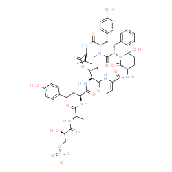 ChemSpider 2D Image | (2R)-3-{[(2S)-1-{[(2S)-1-{[(2S,5S,8S,11R,12S,15Z,18S,21R)-2-Benzyl-15-ethylidene-21-hydroxy-5-(4-hydroxybenzyl)-8-isopropyl-4,11-dimethyl-3,6,9,13,16,22-hexaoxo-10-oxa-1,4,7,14,17-pentaazabicyclo[16.3
.1]docos-12-yl]amino}-4-(4-hydroxyphenyl)-1-oxo-2-butanyl]amino}-1-oxo-2-propanyl]amino}-2-hydroxy-3-oxopropyl hydrogen sulfate | C53H68N8O18S