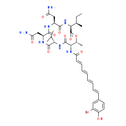 ChemSpider 2D Image | (2E,4E,6E,8E)-N-{(3S,6S,9S,12S,15S,16R)-6,9-Bis(2-amino-2-oxoethyl)-3-[(2R)-2-butanyl]-12-isopropyl-16-methyl-2,5,8,11,14-pentaoxo-1-oxa-4,7,10,13-tetraazacyclohexadecan-15-yl}-9-(3-bromo-4-hydroxyphe
nyl)-2,4,6,8-nonatetraenamide | C38H50BrN7O10