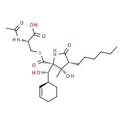 ChemSpider 2D Image | N-Acetyl-S-({(2R,3S,4R)-2-[(S)-(1S)-2-cyclohexen-1-yl(hydroxy)methyl]-4-hexyl-3-hydroxy-3-methyl-5-oxo-2-pyrrolidinyl}carbonyl)-L-cysteine | C24H38N2O7S