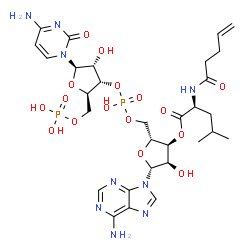 ChemSpider 2D Image | (2R,3S,4R,5R)-2-({[({(2R,3S,4R,5R)-5-(4-Amino-2-oxo-1(2H)-pyrimidinyl)-4-hydroxy-2-[(phosphonooxy)methyl]tetrahydro-3-furanyl}oxy)(hydroxy)phosphoryl]oxy}methyl)-5-(6-amino-9H-purin-9-yl)-4-hydroxytet
rahydro-3-furanyl (2S)-4-methyl-2-(4-pentenoylamino)pentanoate | C30H43N9O16P2