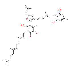 ChemSpider 2D Image | 4-{3-[(4E)-6-(2,6-Dihydroxy-4-methylphenyl)-4-methyl-4-hexen-1-yl]-5-(2-methyl-1-propen-1-yl)-2-furyl}-5-hydroxy-3-methyl-6-[(2E,6E)-3,7,11-trimethyl-2,6,10-dodecatrien-1-yl]-1,2-benzoquinone | C44H56O6