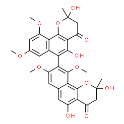 ChemSpider 2D Image | 2,2',5,5'-Tetrahydroxy-8,8',10,10'-tetramethoxy-2,2'-dimethyl-2,2',3,3'-tetrahydro-4H,4'H-6,9'-bibenzo[h]chromene-4,4'-dione | C32H30O12