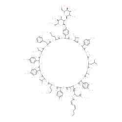 ChemSpider 2D Image | N-[24,42-bis(3-aminopropyl)-27-benzyl-49-carbamoyl-3-(3-chloro-4-hydroxy-phenyl)-21-[4-[(2R,3S,4S,5S,6R)-4,5-dihydroxy-6-(hydroxymethyl)-3-[(2R,3S,4S,5S,6R)-3,4,5-trihydroxy-6-(hydroxymethyl)tetrahydropyran-2-yl]oxy-tetrahydropyran-2-yl]oxyphenyl]-18,30,39-tris(1-hydroxyethyl)-15,33,36,45-tetrakis(4-hydroxyphenyl)-9-isobutyl-6-methyl-2,5,8,11,14,17,20,23,26,29,32,35,38,41,44,47-hexadecaoxo-1-oxa-4,7,10,13,16,19,22,25,28,31,34,37,40,43,46-pentadecazacyclononatetracont-48-yl]-2-[[(2Z,4Z)-octa-2,4-dienoyl]amino]butanediamide | C118H152ClN21O40