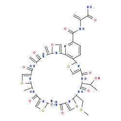 ChemSpider 2D Image | N-(3-Amino-3-oxo-1-propen-2-yl)-14-(1-hydroxyethyl)-31-methyl-38,41-bis(methylene)-17-[(methylsulfanyl)methyl]-12,15,22,29,36,39-hexaoxo-19,43-dioxa-9,26,33-trithia-3,13,16,23,30,37,40,45,46,47,48,49-
dodecaazaheptacyclo[40.2.1.1~8,11~.1~18,21~.1~25,28~.1~32,35~.0~2,7~]nonatetraconta-1(44),2,4,6,8(49),10,18(48),20,25(47),27,32(46),34,42(45)-tridecaene-4-carboxamide | C43H40N14O11S4