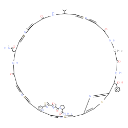 ChemSpider 2D Image | 1-{[2-(2-{35-[Hydroxy(phenyl)methyl]-25-isopropyl-21-methyl-18-[2-(methylamino)-2-oxoethyl]-16,23,30,33-tetraoxo-3,13,20,27,37-pentathia-7,17,24,31,34,39,40,41,42,43-decaazaheptacyclo[34.2.1.1~2,5~.1~
12,15~.1~19,22~.1~26,29~.0~6,11~]tritetraconta-1(38),2(43),4,6,8,10,12(42),14,19(41),21,26(40),28,36(39)-tridecaen-8-yl}-1,3-thiazol-4-yl)-4,5-dihydro-1,3-oxazol-4-yl]carbonyl}prolinamide | C54H51N15O9S6