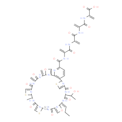 ChemSpider 2D Image | 1-[(17E)-14-(1-Hydroxyethyl)-31-methyl-38,41-bis(methylene)-12,15,22,29,36,39-hexaoxo-17-propylidene-19,43-dioxa-9,26,33-trithia-3,13,16,23,30,37,40,45,46,47,48,49-dodecaazaheptacyclo[40.2.1.1~8,11~.1
~18,21~.1~25,28~.1~32,35~.0~2,7~]nonatetraconta-1(44),2,4,6,8(49),10,18(48),20,25(47),27,32(46),34,42(45)-tridecaen-4-yl]-3,6,9,12-tetrakis(methylene)-1,4,7,10-tetraoxo-2,5,8,11-tetraazatridecan-13-oi
c acid | C53H48N16O15S3