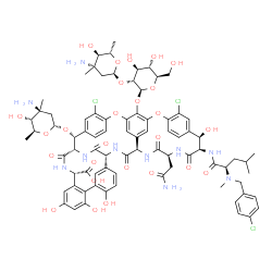 ChemSpider 2D Image | (1S,2R,18R,19R,22S,25R,28R,40S)-22-(2-Amino-2-oxoethyl)-48-{[2-O-(3-amino-2,3,6-trideoxy-3-methyl-alpha-L-arabino-hexopyranosyl)-beta-D-glucopyranosyl]oxy}-2-[(3-amino-2,3,6-trideoxy-3-methyl-alpha-L-
arabino-hexopyranosyl)oxy]-5,15-dichloro-19-{[N-(4-chlorobenzyl)-N-methyl-D-leucyl]amino}-18,32,35,37-tetrahydroxy-20,23,26,42,44-pentaoxo-7,13-dioxa-21,24,27,41,43-pentaazaoctacyclo[26.14.2.2~3,6~.2~
14,17~.1~8,12~.1~29,33~.0~10,25~.0~34,39~]pe | C80H93Cl3N10O26