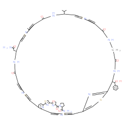 ChemSpider 2D Image | 1-[(2-{2-[18-(2-Amino-2-oxoethyl)-35-[hydroxy(phenyl)methyl]-25-isopropyl-21-methyl-16,23,30,33-tetraoxo-3,13,20,27,37-pentathia-7,17,24,31,34,39,40,41,42,43-decaazaheptacyclo[34.2.1.1~2,5~.1~12,15~.1
~19,22~.1~26,29~.0~6,11~]tritetraconta-1(38),2(43),4,6,8,10,12(42),14,19(41),21,26(40),28,36(39)-tridecaen-8-yl]-1,3-thiazol-4-yl}-4,5-dihydro-1,3-oxazol-4-yl)carbonyl]prolinamide | C53H49N15O9S6