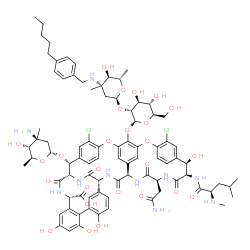 ChemSpider 2D Image | (1S,2R,18R,19R,22S,25R,28R,40S)-22-(2-Amino-2-oxoethyl)-2-[(3-amino-2,3,6-trideoxy-3-methyl-alpha-L-arabino-hexopyranosyl)oxy]-5,15-dichloro-18,32,35,37-tetrahydroxy-19-[(N-methyl-D-leucyl)amino]-20,2
3,26,42,44-pentaoxo-48-[(2-O-{2,3,6-trideoxy-3-methyl-3-[(4-pentylbenzyl)amino]-alpha-L-arabino-hexopyranosyl}-beta-D-glucopyranosyl)oxy]-7,13-dioxa-21,24,27,41,43-pentaazaoctacyclo[26.14.2.2~3,6~.2~1
4,17~.1~8,12~.1~29,33~.0~10,25~.0~34,39~]pen | C85H104Cl2N10O26