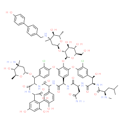 ChemSpider 2D Image | (1S,2R,18R,19R,22S,25R,28R,40S)-22-(2-Amino-2-oxoethyl)-2-[(3-amino-2,3,6-trideoxy-3-methyl-alpha-L-arabino-hexopyranosyl)oxy]-5,15-dichloro-18,32,35,37-tetrahydroxy-19-[(N-methyl-D-leucyl)amino]-20,2
3,26,42,44-pentaoxo-48-{[2-O-(2,3,6-trideoxy-3-{[(4'-hydroxy-4-biphenylyl)methyl]amino}-3-methyl-alpha-L-arabino-hexopyranosyl)-beta-D-glucopyranosyl]oxy}-7,13-dioxa-21,24,27,41,43-pentaazaoctacyclo[2
6.14.2.2~3,6~.2~14,17~.1~8,12~.1~29,33~.0~10 | C86H98Cl2N10O27