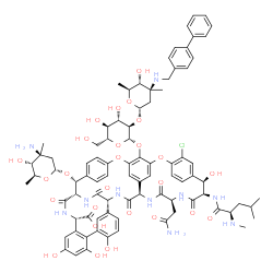 ChemSpider 2D Image | (1S,2R,18R,19R,22S,25R,28R,40S)-22-(2-Amino-2-oxoethyl)-2-[(3-amino-2,3,6-trideoxy-3-methyl-alpha-L-arabino-hexopyranosyl)oxy]-48-[(2-O-{3-[(4-biphenylylmethyl)amino]-2,3,6-trideoxy-3-methyl-alpha-L-a
rabino-hexopyranosyl}-beta-D-glucopyranosyl)oxy]-15-chloro-18,32,35,37-tetrahydroxy-19-[(N-methyl-D-leucyl)amino]-20,23,26,42,44-pentaoxo-7,13-dioxa-21,24,27,41,43-pentaazaoctacyclo[26.14.2.2~3,6~.2~1
4,17~.1~8,12~.1~29,33~.0~10,25~.0~34,39~]pen | C86H99ClN10O26