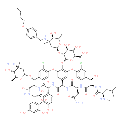 ChemSpider 2D Image | (1S,2R,18R,19R,22S,25R,28R,40S)-22-(2-Amino-2-oxoethyl)-2-[(3-amino-2,3,6-trideoxy-3-methyl-alpha-L-arabino-hexopyranosyl)oxy]-48-[(2-O-{3-[(4-butoxybenzyl)amino]-2,3,6-trideoxy-3-methyl-alpha-L-arabi
no-hexopyranosyl}-beta-D-glucopyranosyl)oxy]-5,15-dichloro-18,32,35,37-tetrahydroxy-19-[(N-methyl-D-leucyl)amino]-20,23,26,42,44-pentaoxo-7,13-dioxa-21,24,27,41,43-pentaazaoctacyclo[26.14.2.2~3,6~.2~1
4,17~.1~8,12~.1~29,33~.0~10,25~.0~34,39~]pen | C84H102Cl2N10O27