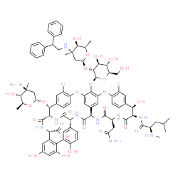 ChemSpider 2D Image | (1S,2R,18R,19R,22S,25R,28R,40S)-22-(2-Amino-2-oxoethyl)-2-[(3-amino-2,3,6-trideoxy-3-methyl-alpha-L-arabino-hexopyranosyl)oxy]-5,15-dichloro-18,32,35,37-tetrahydroxy-19-[(N-methyl-D-leucyl)amino]-20,2
3,26,42,44-pentaoxo-48-[(2-O-{2,3,6-trideoxy-3-[(2,2-diphenylethyl)amino]-3-methyl-alpha-L-arabino-hexopyranosyl}-beta-D-glucopyranosyl)oxy]-7,13-dioxa-21,24,27,41,43-pentaazaoctacyclo[26.14.2.2~3,6~.
2~14,17~.1~8,12~.1~29,33~.0~10,25~.0~34,39~] | C87H100Cl2N10O26