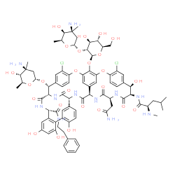 ChemSpider 2D Image | (1S,2R,18R,19R,22S,25R,28R,40S)-22-(2-Amino-2-oxoethyl)-48-{[2-O-(3-amino-2,3,6-trideoxy-3-methyl-alpha-L-lyxo-hexopyranosyl)-beta-D-glucopyranosyl]oxy}-2-[(3-amino-2,3,6-trideoxy-3-methyl-alpha-L-ara
bino-hexopyranosyl)oxy]-5,15-dichloro-18,32,35,37-tetrahydroxy-19-[(N-methyl-D-leucyl)amino]-20,23,26,42,44-pentaoxo-N-(2-phenylethyl)-7,13-dioxa-21,24,27,41,43-pentaazaoctacyclo[26.14.2.2~3,6~.2~14,1
7~.1~8,12~.1~29,33~.0~10,25~.0~34,39~]pentac | C81H97Cl2N11O25