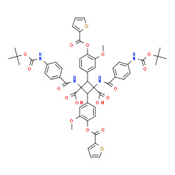 ChemSpider 2D Image | 2,4-Bis{3-methoxy-4-[(2-thienylcarbonyl)oxy]phenyl}-1,3-bis{[4-({[(2-methyl-2-propanyl)oxy]carbonyl}amino)benzoyl]amino}-1,3-cyclobutanedicarboxylic acid | C54H52N4O16S2
