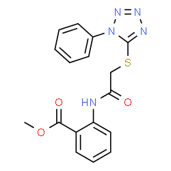 ChemSpider 2D Image | Methyl 2-({[(1-phenyl-1H-tetrazol-5-yl)sulfanyl]acetyl}amino)benzoate | C17H15N5O3S