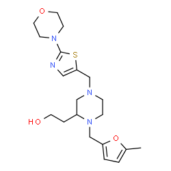 ChemSpider 2D Image | 2-(1-[(5-Methyl-2-furyl)methyl]-4-{[2-(4-morpholinyl)-1,3-thiazol-5-yl]methyl}-2-piperazinyl)ethanol | C20H30N4O3S